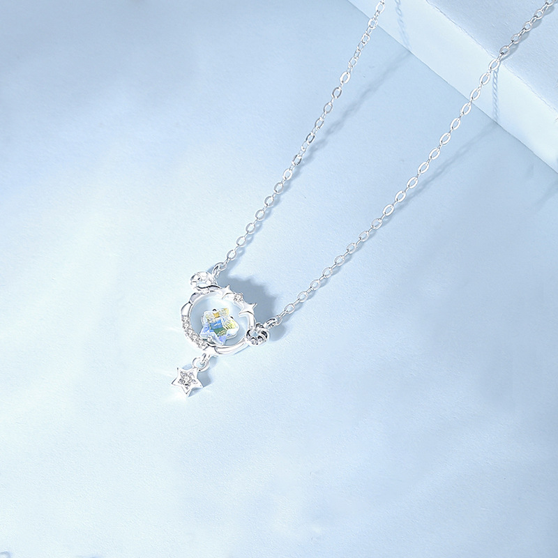 Zodiac Necklace – S925 Sterling Silver Star & Moon Moonstone Pendant