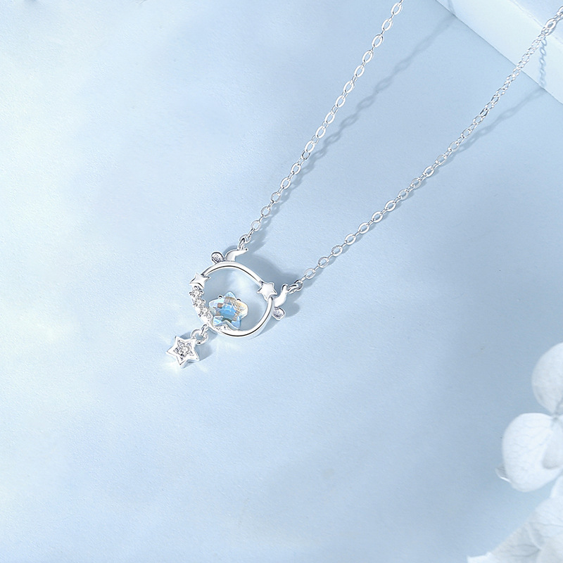 Zodiac Necklace – S925 Sterling Silver Star & Moon Moonstone Pendant