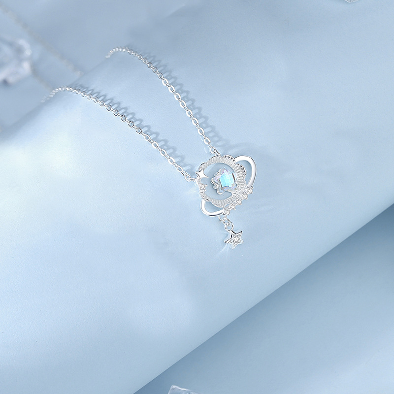 Zodiac Necklace – S925 Sterling Silver Star & Moon Moonstone Pendant