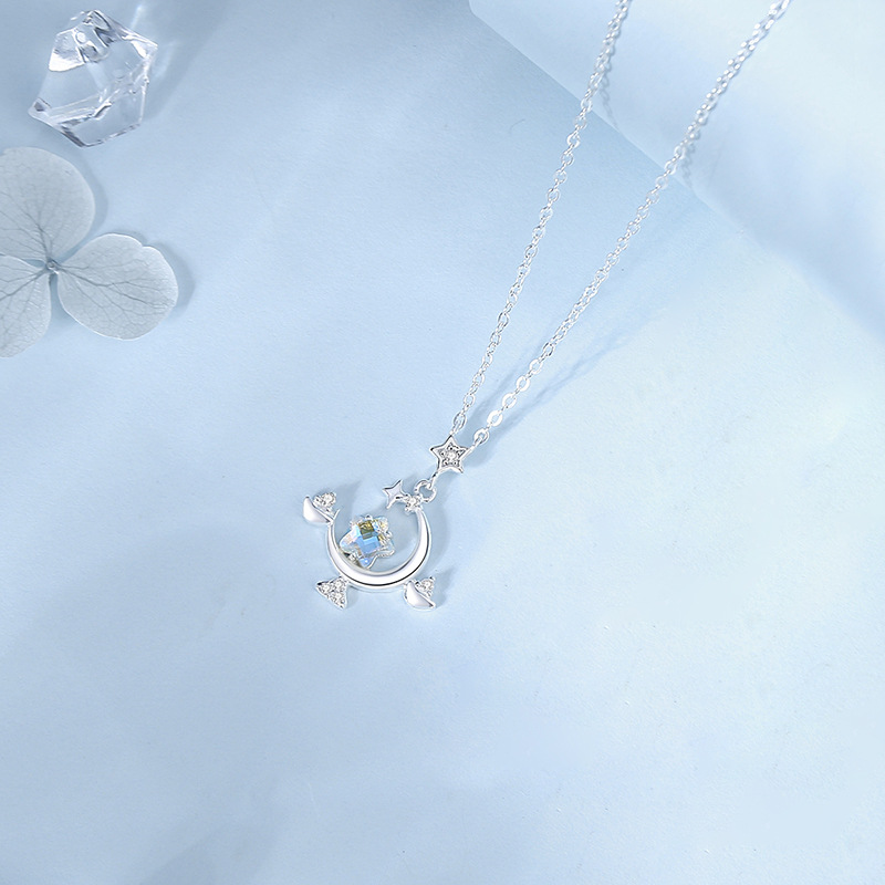 Zodiac Necklace – S925 Sterling Silver Star & Moon Moonstone Pendant