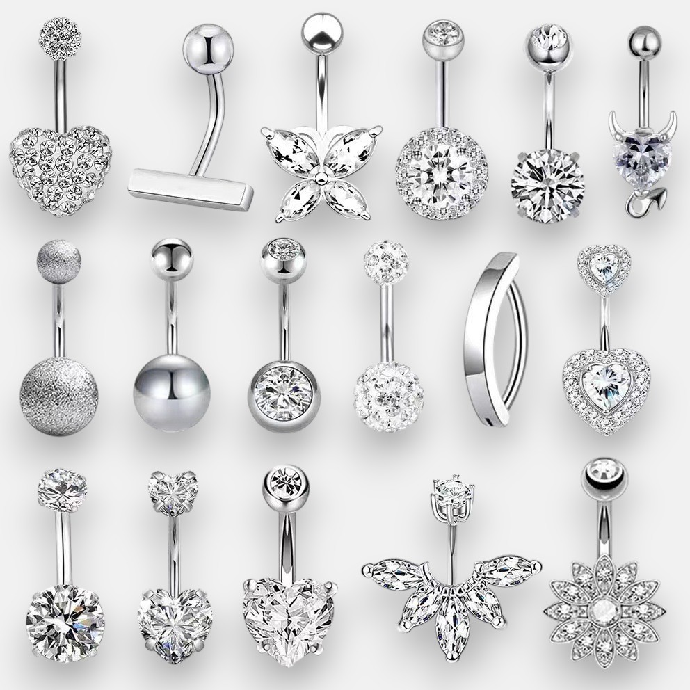 Heart CZ Belly Piercing Ring – Double Gem Curved Barbell 14G