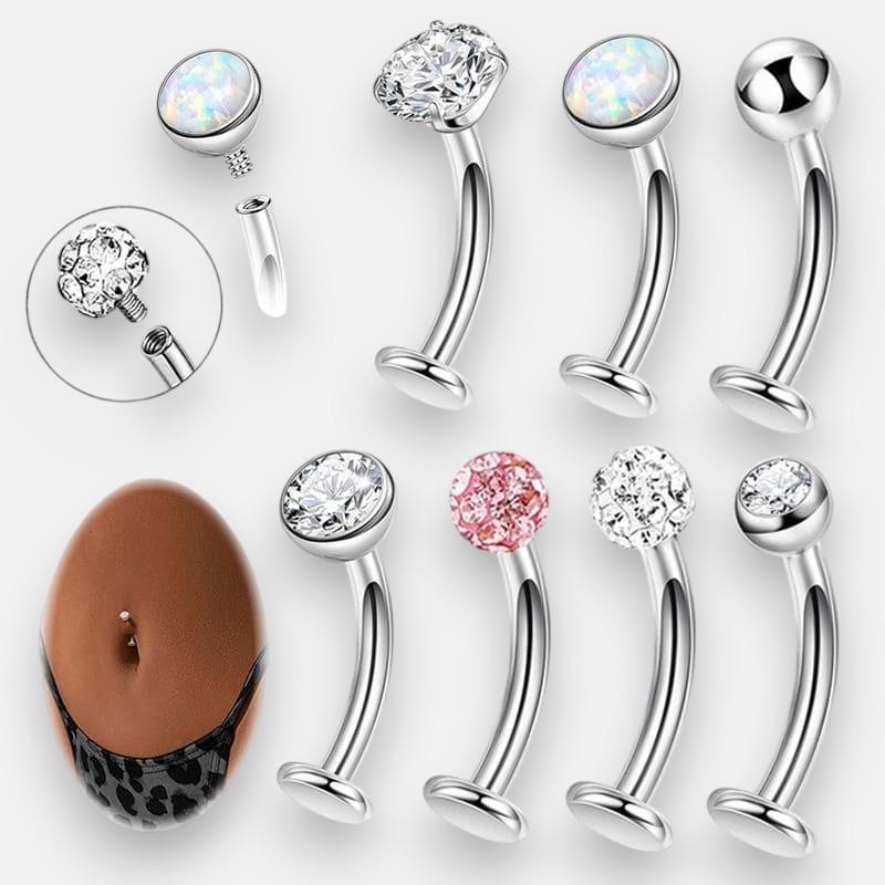 Gold Belly Button Ring with Multiple CZ Gems – Stainless Steel Curved Barbell