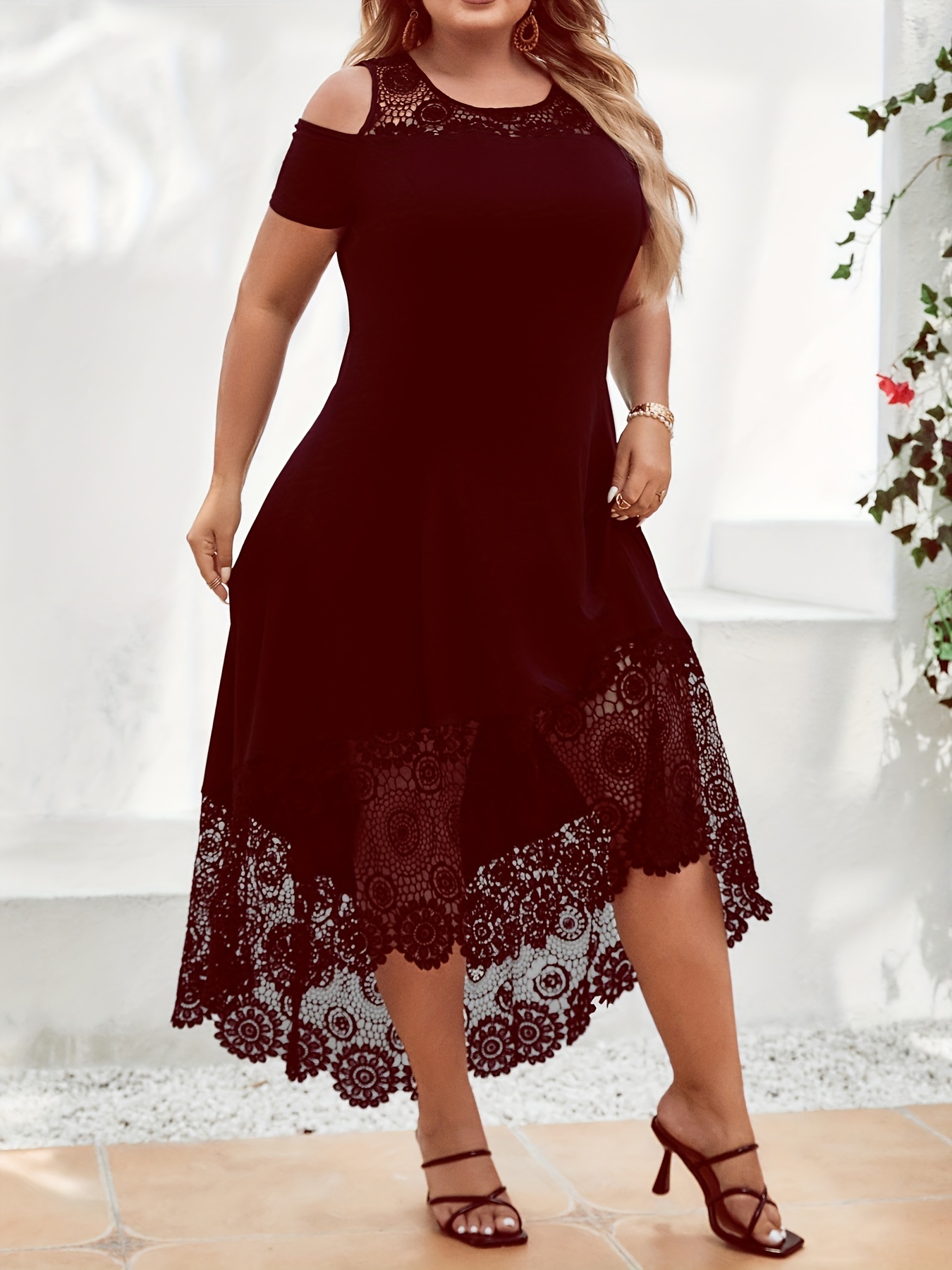 Cold Shoulder Lace Trim High Low Hem Midi Dress