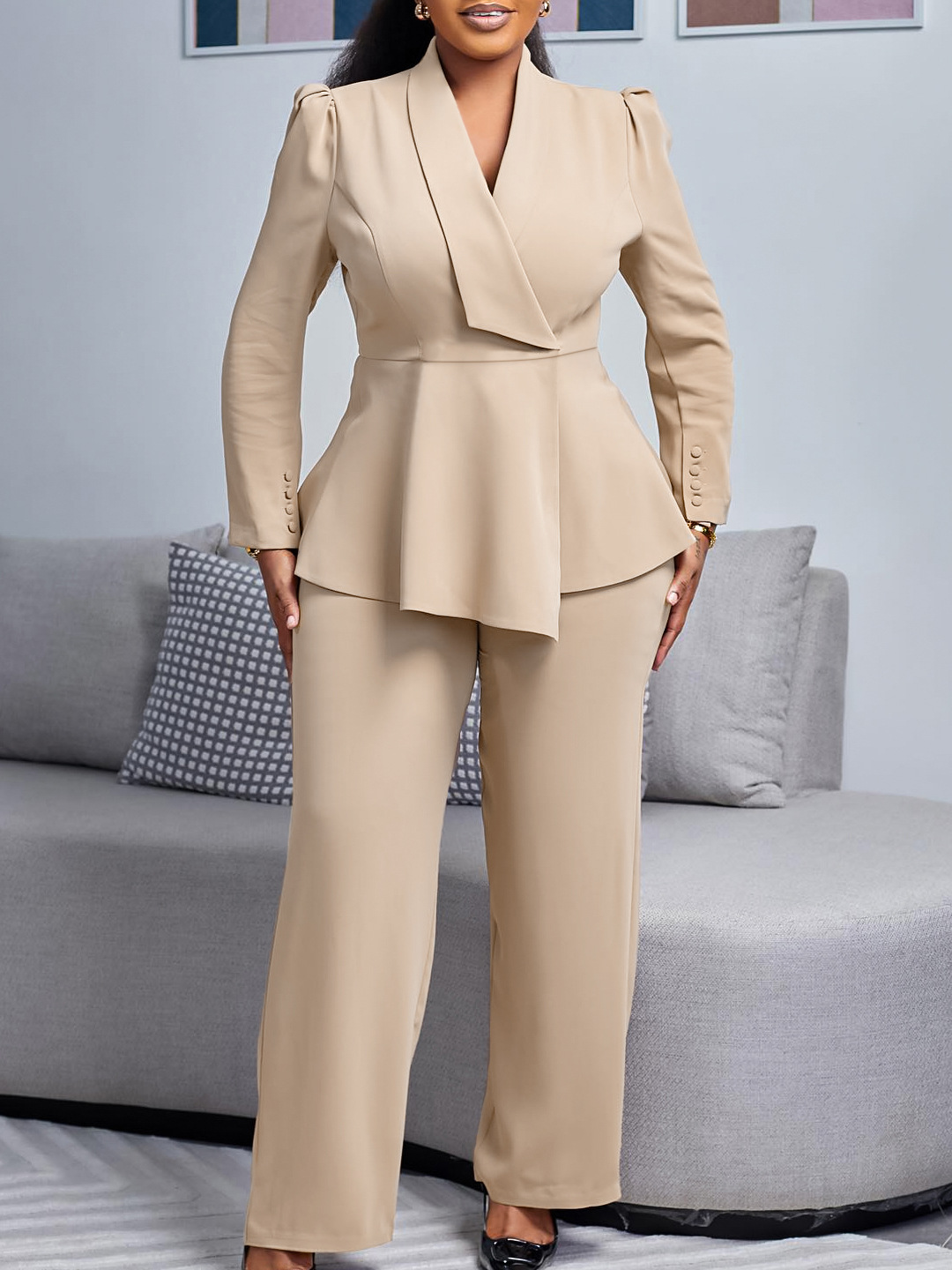 Elegant Peplum Pullover Top and Wide-Leg Pants Two-Piece Set