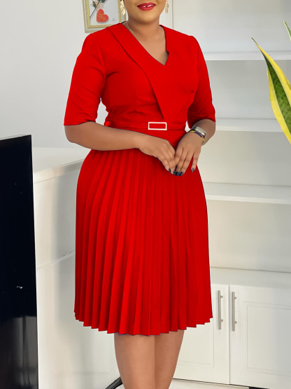 Elegant V-Neck Belted Pleated Midi Dress