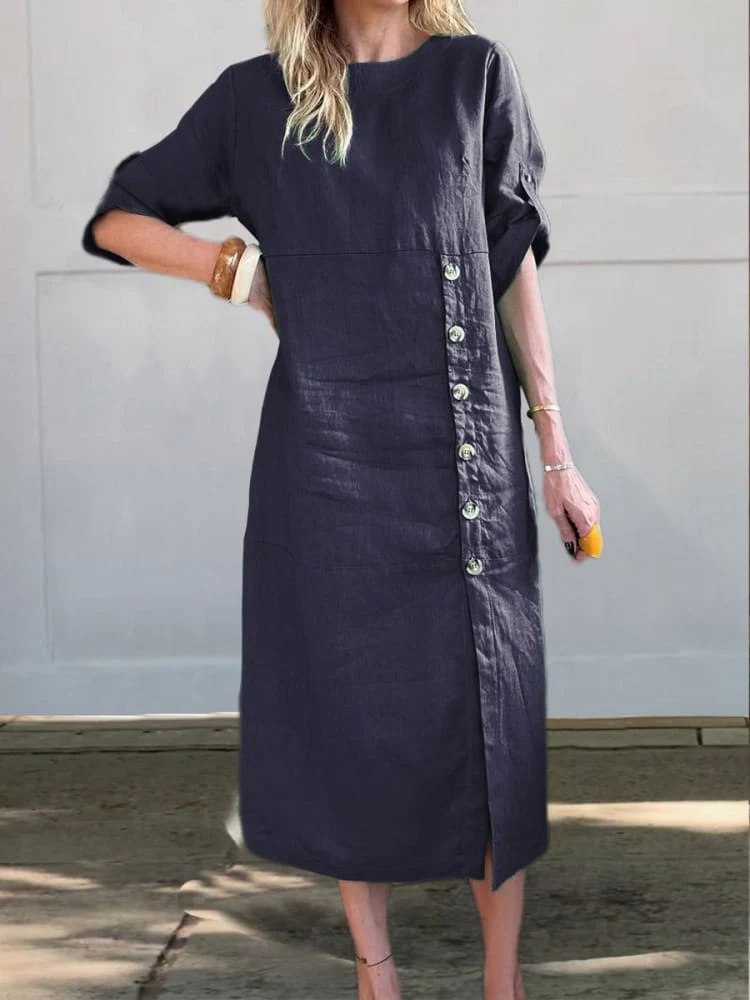 Linen Crew Neck Plain Short Sleeve Midi Dress
