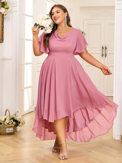 Plus Size Flutter Sleeve High-Low Chiffon Dress (Buy 2 Free Shipping)