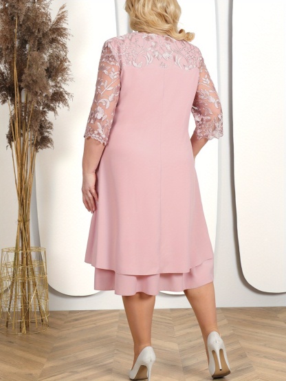 Elegant Plus Size Embroidered Chiffon Midi Dress (Buy 2 Free Shipping)
