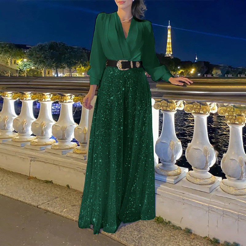 Stylish V-Neck Long Sleeve Shirt & Sequin Wide Leg Pants Two Piece Set