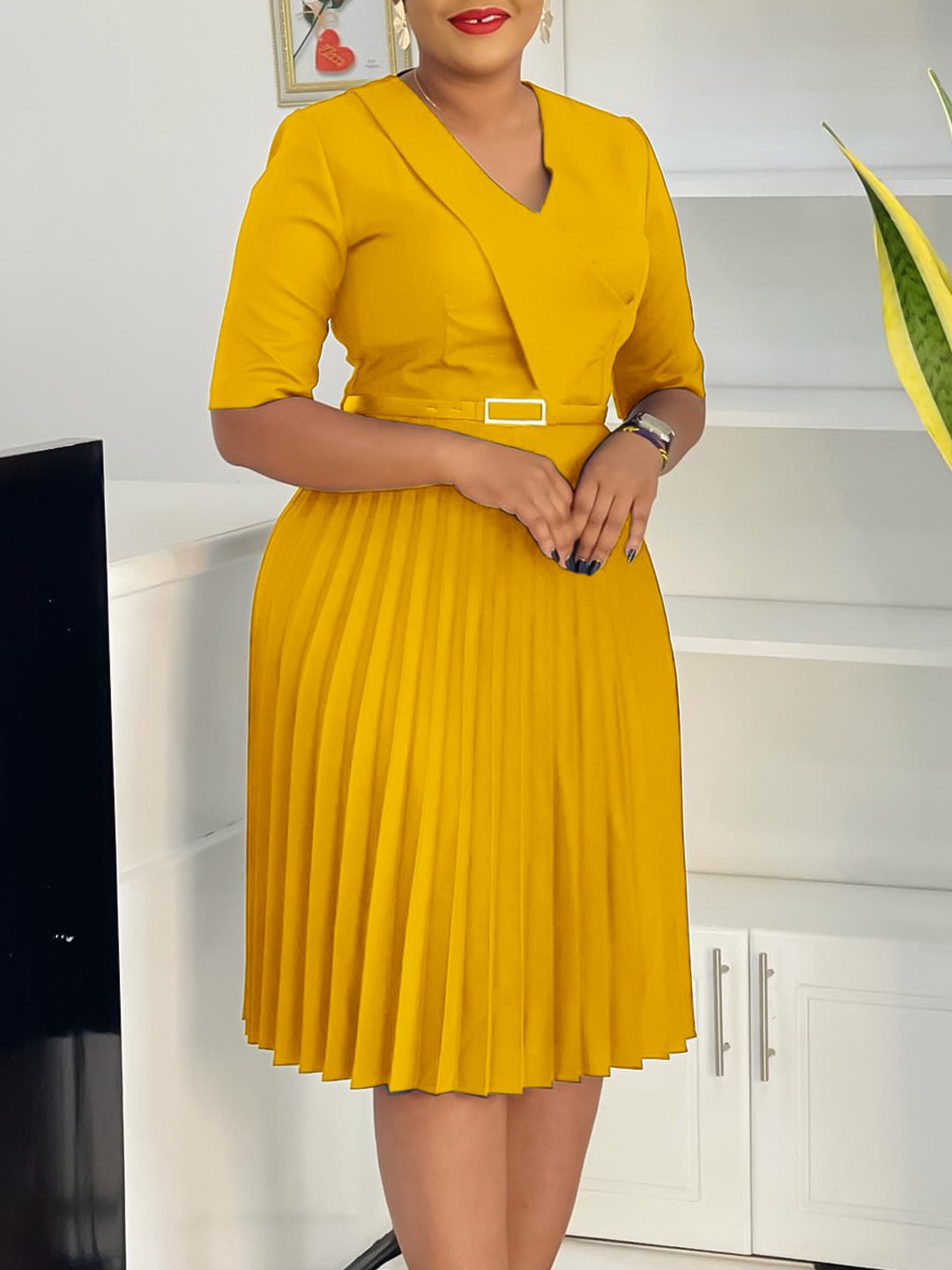 Elegant V-Neck Belted Pleated Midi Dress