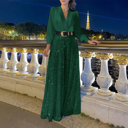 Stylish V-Neck Long Sleeve Shirt & Sequin Wide Leg Pants Two Piece Set