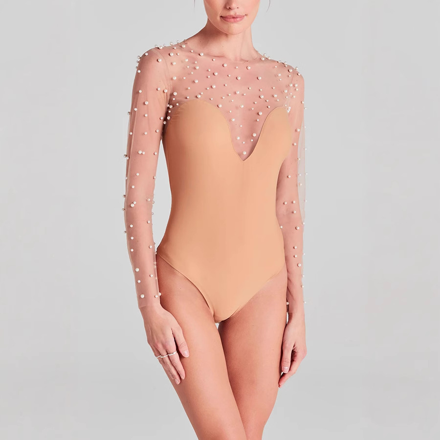 Sheer Mesh Pearl Bodysuit & V Neck Strapless Pocketed Wide Leg Jumpsuit