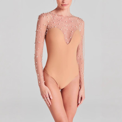 Sheer Mesh Pearl Bodysuit & V Neck Strapless Pocketed Wide Leg Jumpsuit