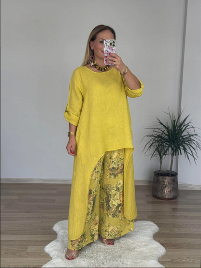 Relaxed High-Low Tunic Floral Wide-Leg Two-Piece Set