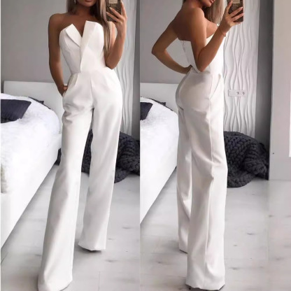 Sheer Mesh Pearl Bodysuit & V Neck Strapless Pocketed Wide Leg Jumpsuit