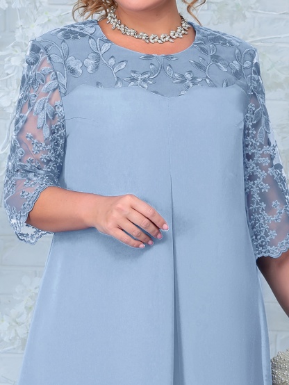 Elegant Plus Size Embroidered Chiffon Midi Dress (Buy 2 Free Shipping)