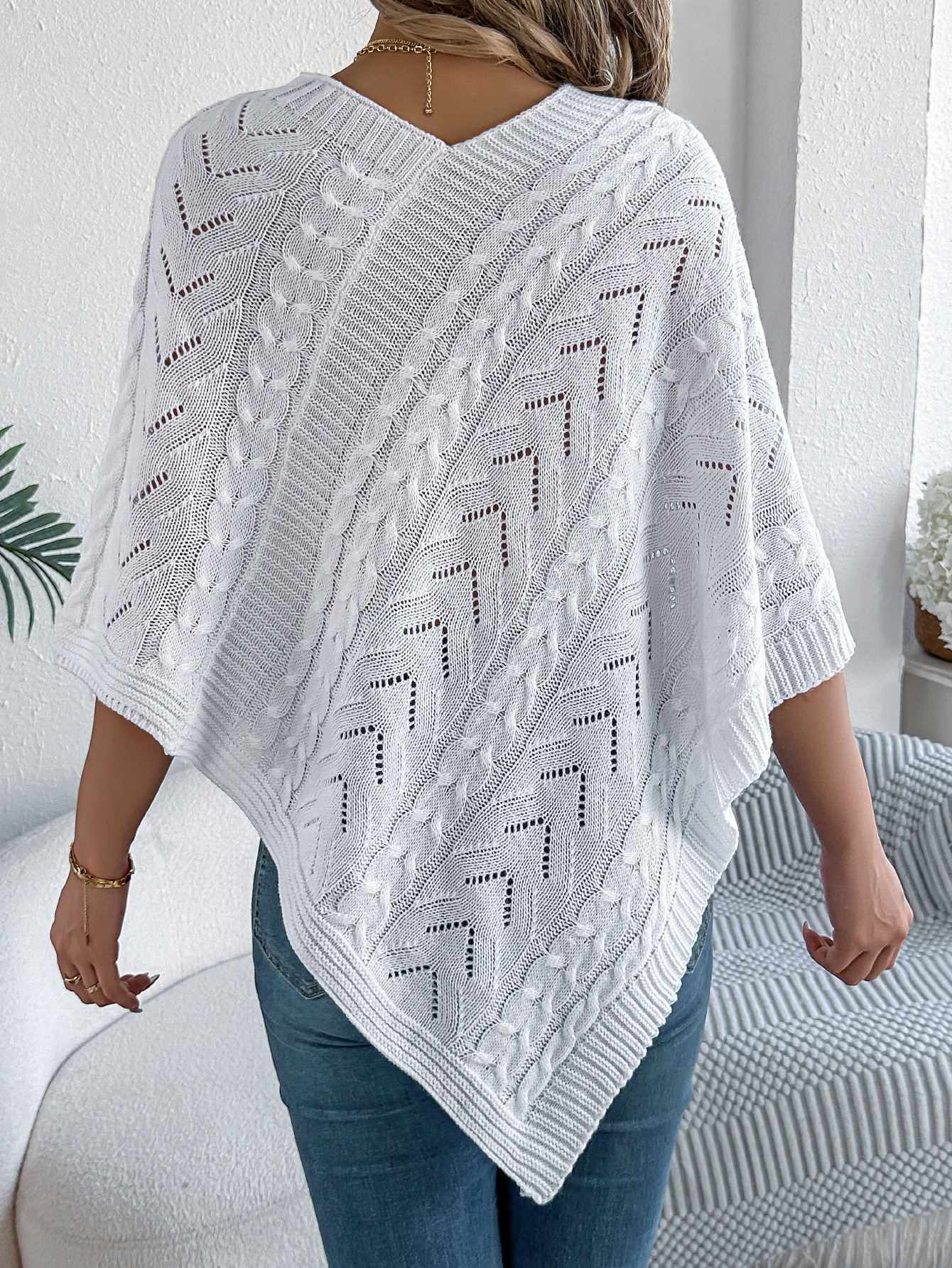 Relaxed Chevron Cable Knit V-Neck Poncho Sweater