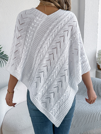 Relaxed Chevron Cable Knit V-Neck Poncho Sweater