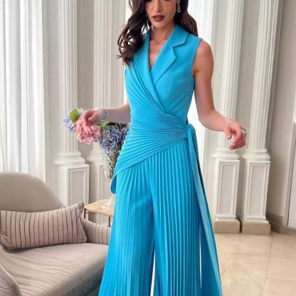 Lapel Top & Wide Leg Pleated Pants Jumpsuit (Buy 2 Free Shipping)