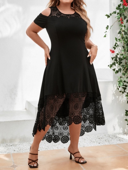 Cold Shoulder Lace Trim High Low Hem Midi Dress