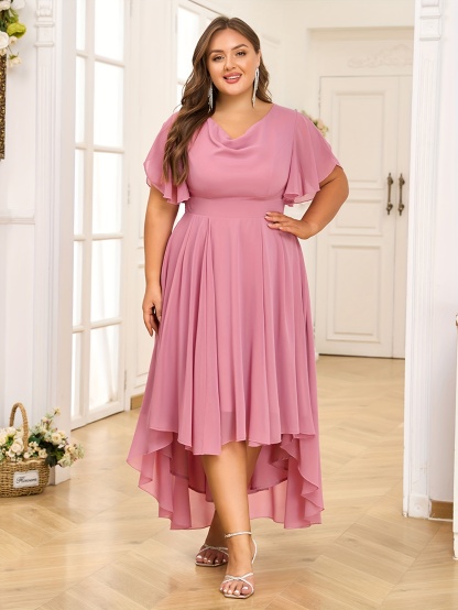 Plus Size Flutter Sleeve High-Low Chiffon Dress (Buy 2 Free Shipping)