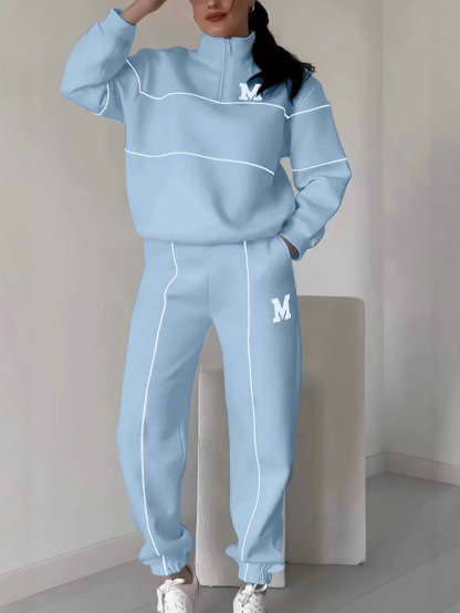 Relaxed Zip Pullover Set with Contrast Trim (Buy 2 Free Shipping)