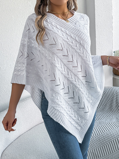 Relaxed Chevron Cable Knit V-Neck Poncho Sweater