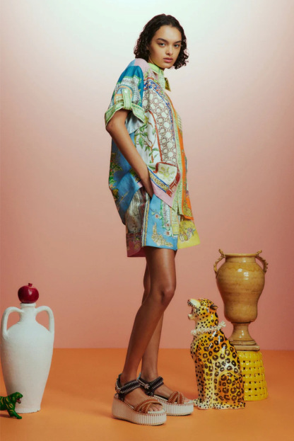 Unique Print Loose Short Sleeve Shirt and Elastic Waist Drawstring Pocket Shorts Set