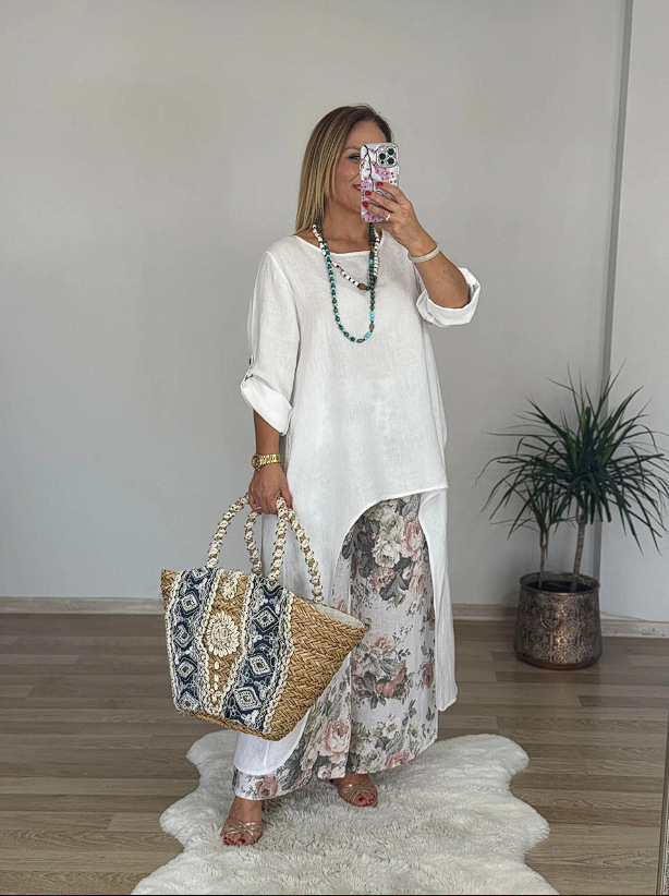 Relaxed High-Low Tunic Floral Wide-Leg Two-Piece Set