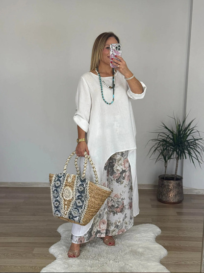 Relaxed High-Low Tunic Floral Wide-Leg Two-Piece Set