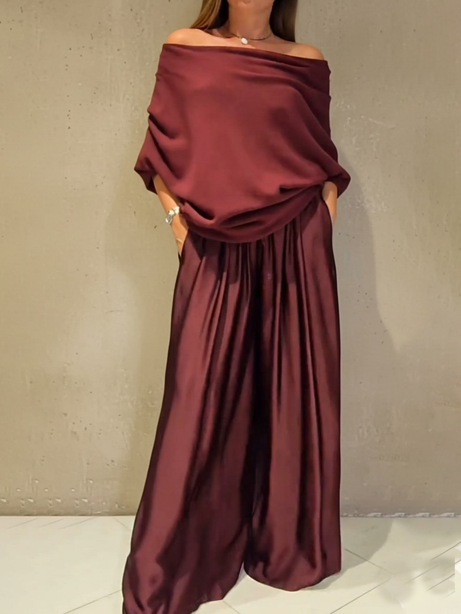 Elegant Off-Shoulder Drape Top and Wide Leg Satin Pants Set (Buy 2 Fre