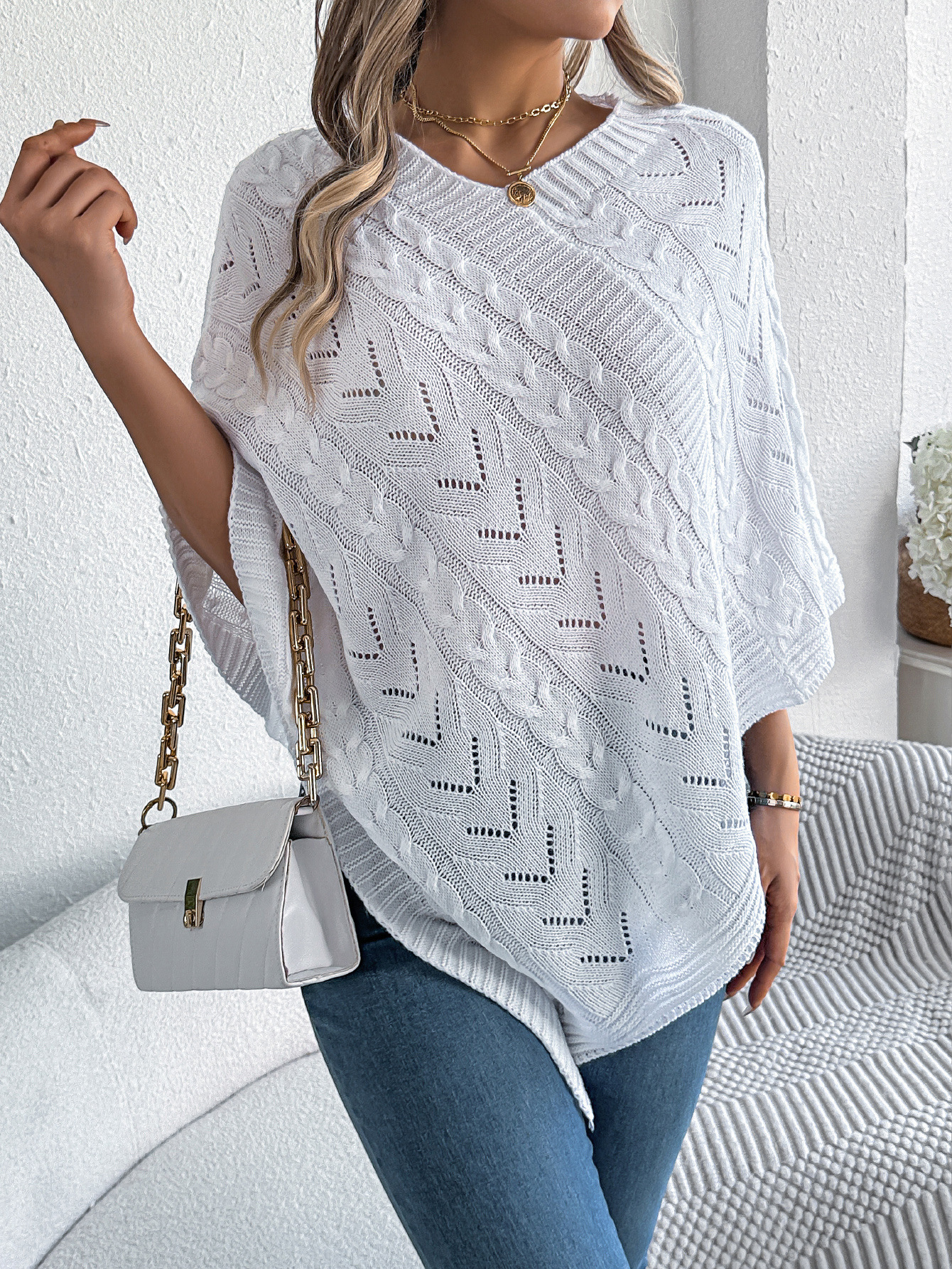 Relaxed Chevron Cable Knit V-Neck Poncho Sweater