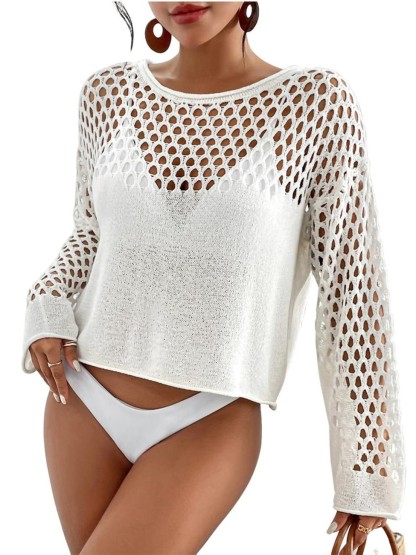 Breezy Crochet Mesh Long Sleeve Knit Cover Up Top