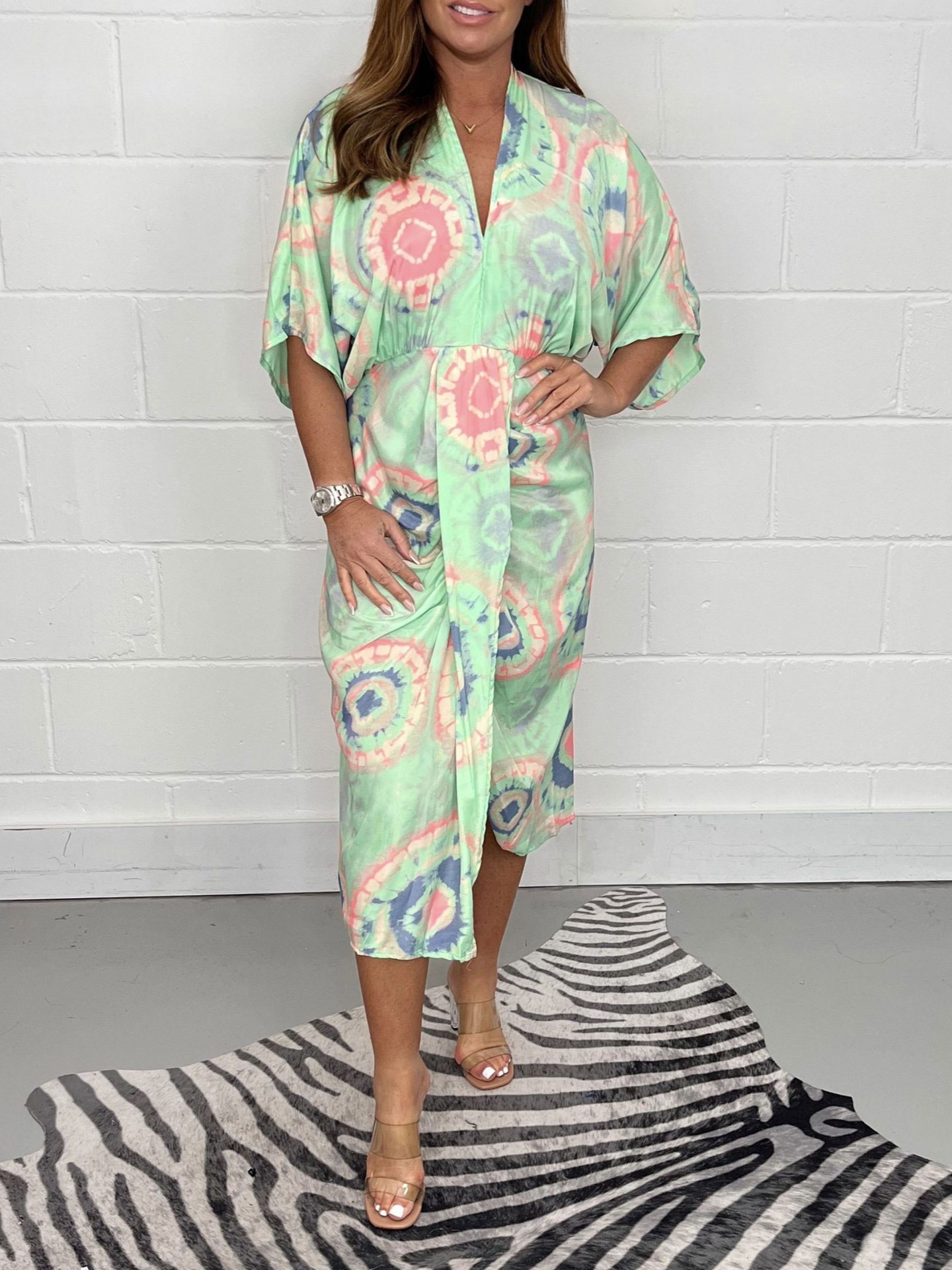 Colorful Print Twist Front Midi Dress (Buy 2 Free Shipping)