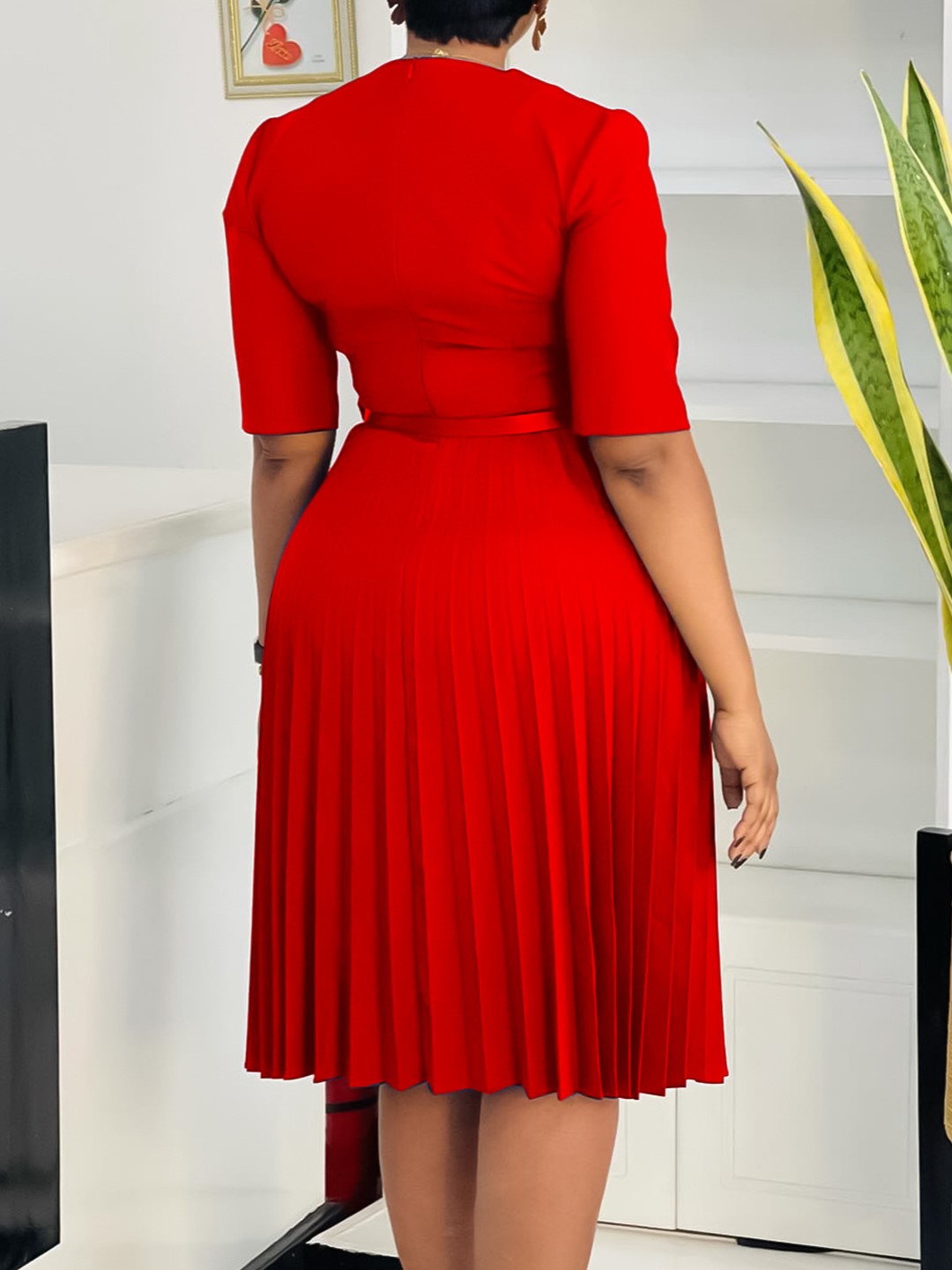 Elegant V-Neck Belted Pleated Midi Dress