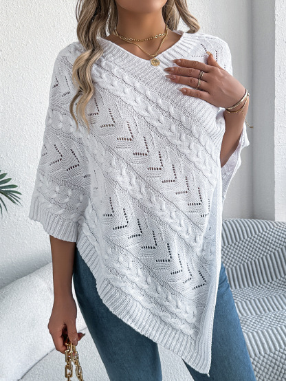 Relaxed Chevron Cable Knit V-Neck Poncho Sweater