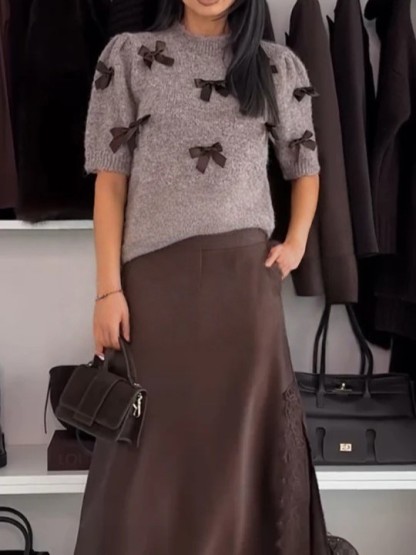 Elegant Knit Top with Bow Details and Trim Skirt Set (Buy 2 Free Shipping)