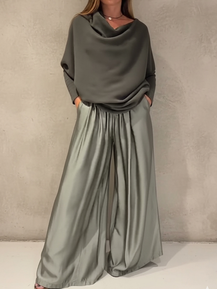 Elegant Off-Shoulder Drape Top and Wide Leg Satin Pants Set (Buy 2 Free Shipping)