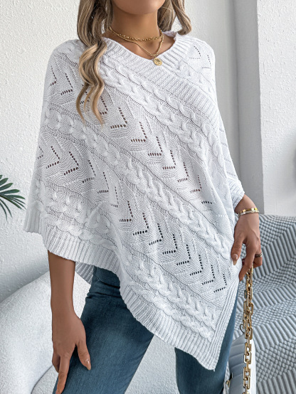 Relaxed Chevron Cable Knit V-Neck Poncho Sweater