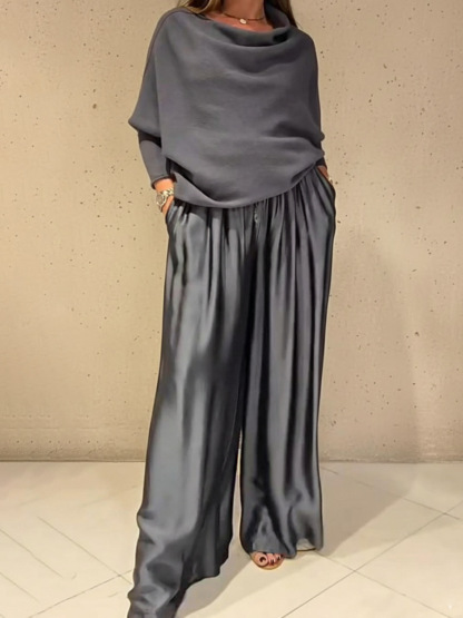 Elegant Off-Shoulder Drape Top and Wide Leg Satin Pants Set (Buy 2 Free Shipping)