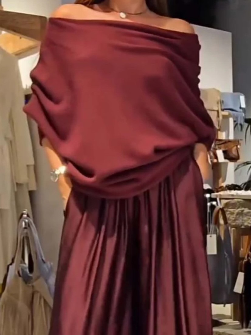 Elegant Off-Shoulder Drape Top and Wide Leg Satin Pants Set (Buy 2 Free Shipping)