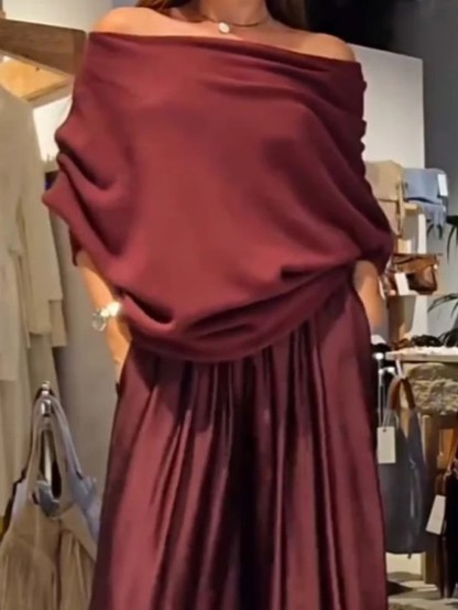 Elegant Off-Shoulder Drape Top and Wide Leg Satin Pants Set (Buy 2 Free Shipping)