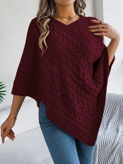 Relaxed Chevron Cable Knit V-Neck Poncho Sweater