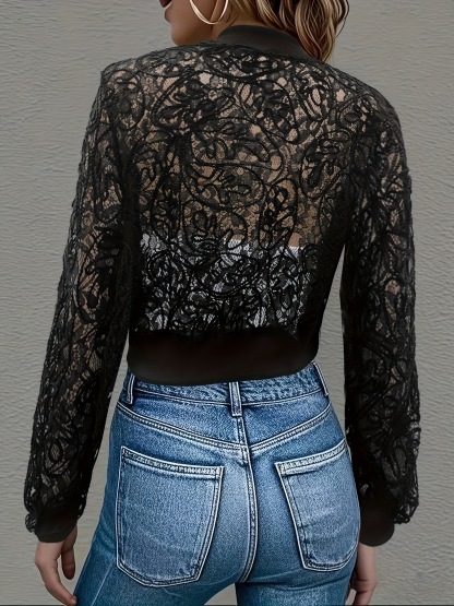 Elegant Lace Mesh Zip Front Cropped Jacket