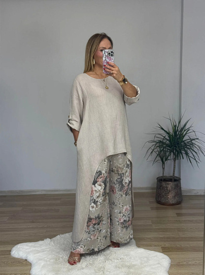 Relaxed High-Low Tunic Floral Wide-Leg Two-Piece Set