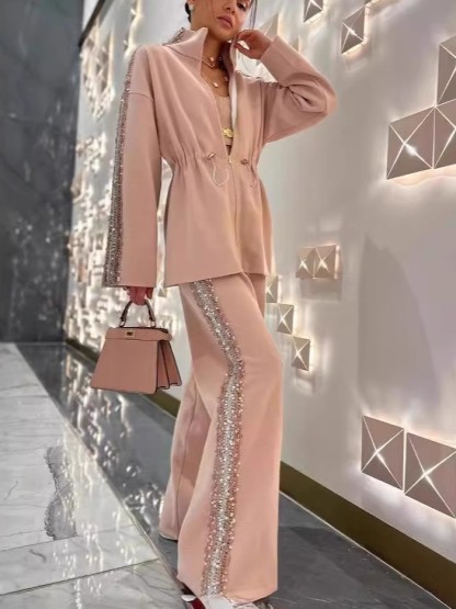 Elegant Sequin Trim Drawstring Jacket and Wide Leg Pants Two Piece Set (Buy 2 Free Shipping)