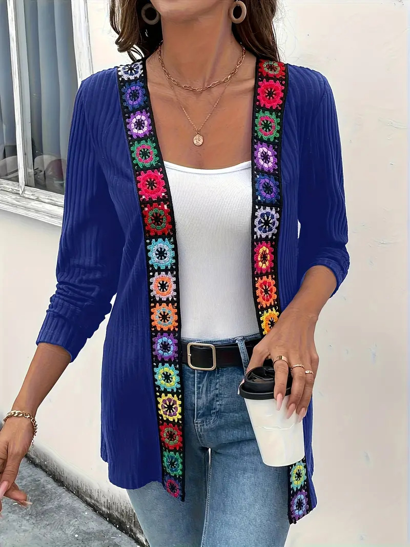 Boho Crochet Trim Rib Knit Open Cardigan