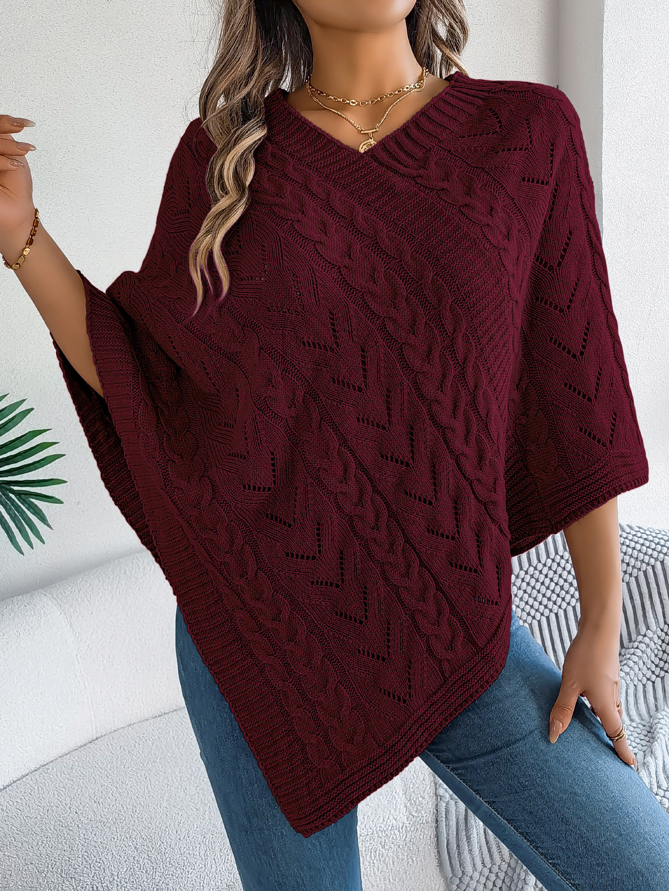 Relaxed Chevron Cable Knit V-Neck Poncho Sweater