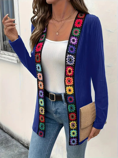 Boho Crochet Trim Rib Knit Open Cardigan