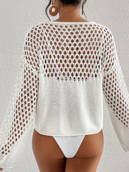 Breezy Crochet Mesh Long Sleeve Knit Cover Up Top